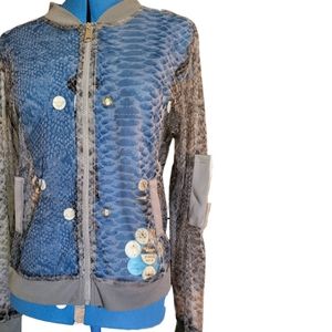 K. Jordan Grey Mesh Skaeskin Bomber Jacket Top~Metallic Sleeve Phone Pckt sz L